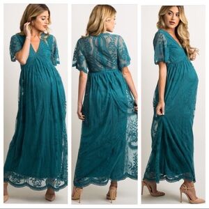 PinkBlush Teal Lace Mesh Overlay Maternity Maxi Dress